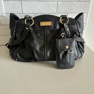 Samantha Vega Black Leather braided handle scalloped Shoulder Bag purse womens